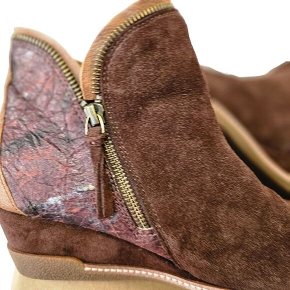 Hälsa Dana Ankle Wedge Bootie Womens 9 Brown Suede and Brown Leather Double Zip - Picture 6 of 14